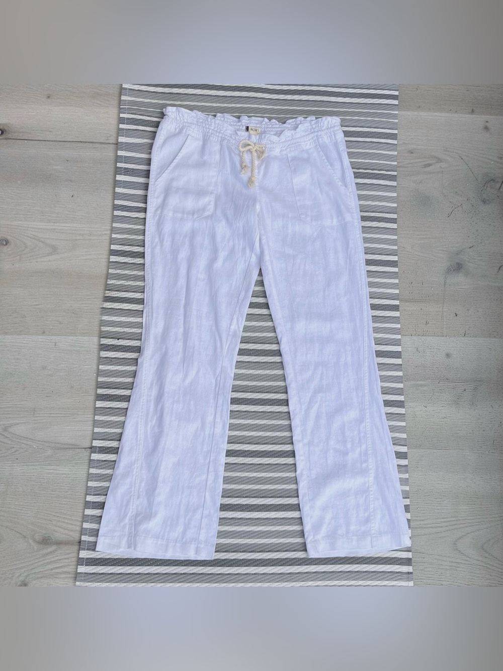Roxy Oceanside White Linen Blend Drawstring Pull On Flare Pants Size L